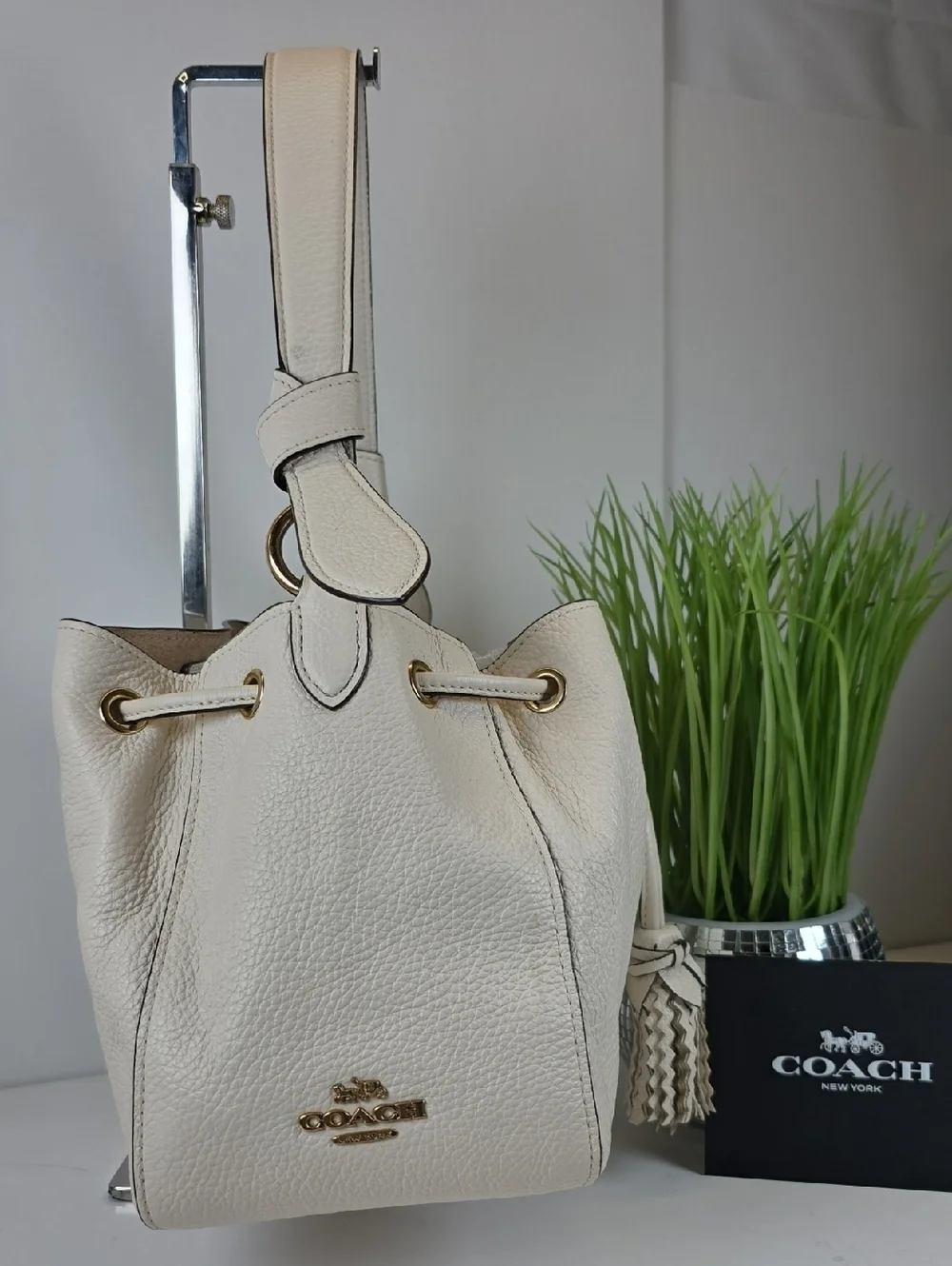 Coach Everly White Pebbled Leather Drawstring Shoulder Bag